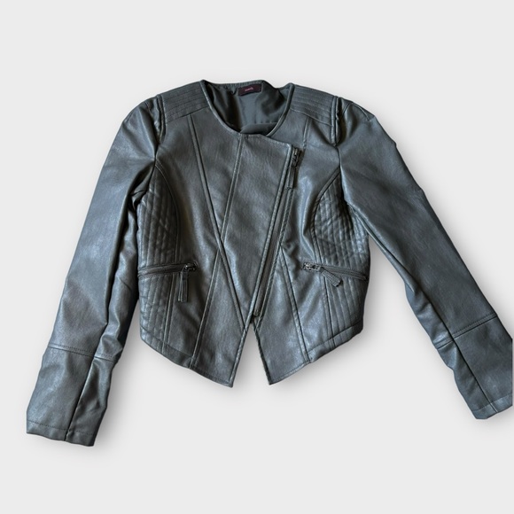 Asymmetrical Cropped Vegan Leather Moto Biker Jacket Grey Medium - Picture 4 of 16